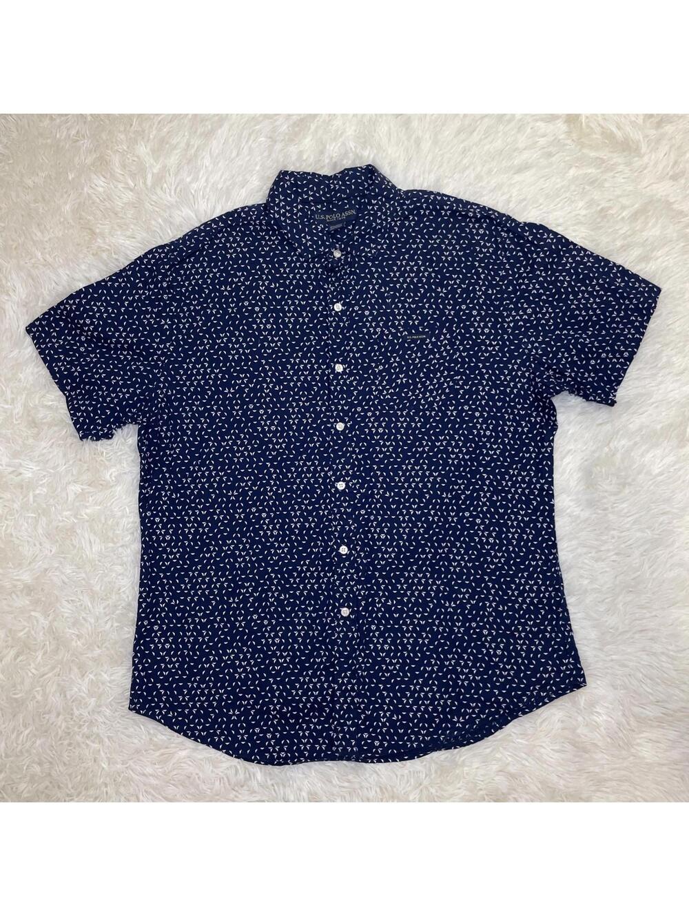 U.S. Polo Association Button Down Navy Blue Woven Geometric Short Sleeve XL